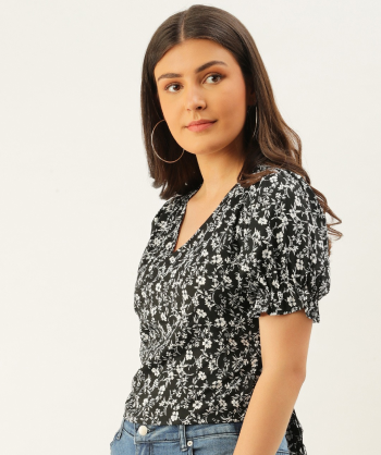 Striped Flutter Sleeve Overlap Collar Peplum Hem Blouse